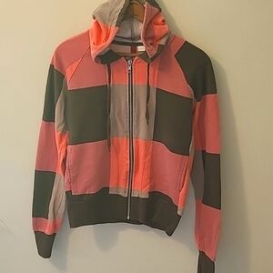 Y2K Zipup hoodie, Color Blocks Pink/brown, side pockets, Long Sleeve Size 10.